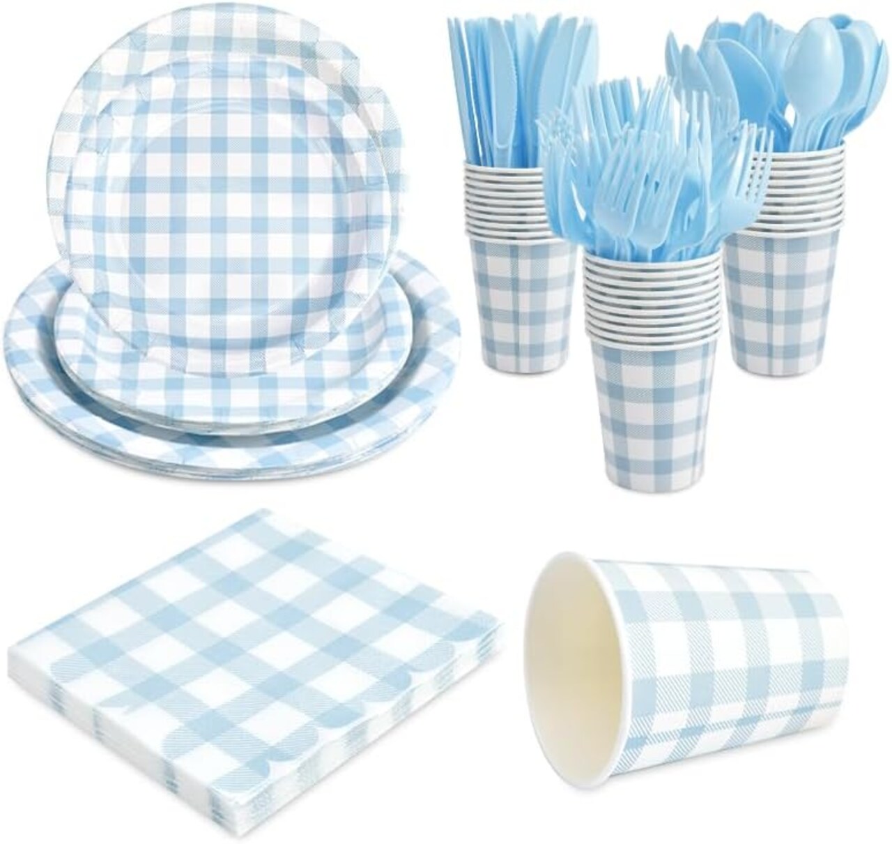 168Pcs Gingham Baby Shower Party Supplies - Plates, Cups, Cutlery, Napkins (Blue)